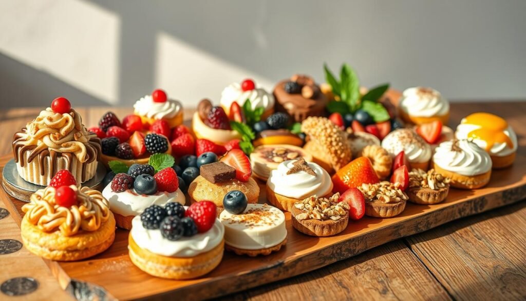 A delightful dessert platter arranged on a rustic wooden table, illuminated by soft, natural lighting. In the foreground, an assortment of decadent pastries and confections, each meticulously crafted with intricate designs and vibrant colors. The middle ground features a variety of fresh berries, sliced fruits, and crumbled nuts, adding texture and balance to the spread. In the background, a minimalist backdrop with a subtle pattern or neutral tone, allowing the desserts to take center stage. The overall composition exudes an atmosphere of elegance, artistry, and mouthwatering allure, perfectly capturing the essence of a show-stopping dessert platter. A delightful dessert platter arranged on a rustic wooden table, illuminated by soft, natural lighting. In the foreground, an assortment of decadent pastries and confections, each meticulously crafted with intricate designs and vibrant colors. The middle ground features a variety of fresh berries, sliced fruits, and crumbled nuts, adding texture and balance to the spread. In the background, a minimalist backdrop with a subtle pattern or neutral tone, allowing the desserts to take center stage. The overall composition exudes an atmosphere of elegance, artistry, and mouthwatering allure, perfectly capturing the essence of a show-stopping dessert platter.