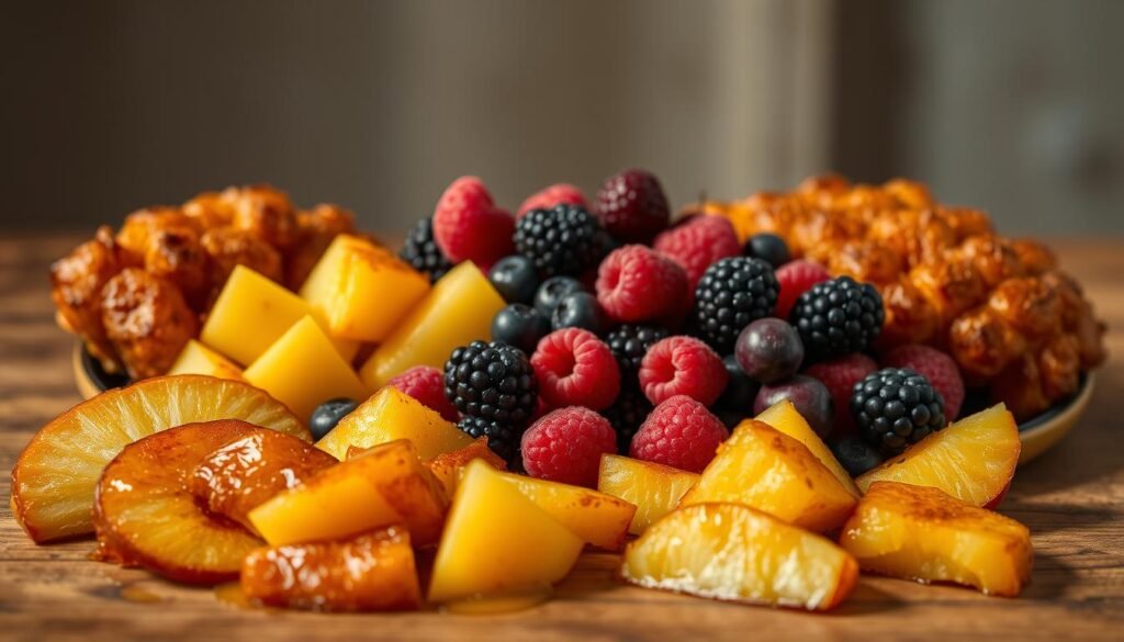 A delightful display of air-fried fruit desserts, beautifully arranged on a wooden table. In the foreground, golden-brown apple slices and juicy pineapple chunks, their surfaces caramelized to perfection, emitting a warm, inviting aroma. In the middle ground, a bountiful array of vibrant berries - plump raspberries, succulent blackberries, and juicy blueberries - nestled between the fruit. The background is softly lit, creating a cozy, intimate atmosphere, with muted tones and gentle shadows accentuating the natural textures and colors of the desserts. The overall scene evokes a sense of comfort, indulgence, and the comforting warmth of home-cooked treats.