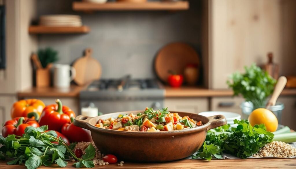 A delightful, family-friendly one-pot meal set against a warm, cozy kitchen backdrop. In the foreground, a large, rustic ceramic pot simmers with a nourishing stew, brimming with fresh vegetables, lean protein, and fragrant herbs. Surrounding the pot, an assortment of wholesome, vibrant ingredients - leafy greens, colorful bell peppers, and hearty whole grains - create a visually appealing and appetizing scene. Soft, diffused lighting casts a gentle glow, evoking a sense of comfort and homeliness. In the middle ground, a wooden table is set with simple, elegant place settings, inviting the viewer to gather and enjoy this wholesome, healthy meal together. The overall atmosphere exudes a warm, family-friendly vibe, perfectly encapsulating the "Perfect Solution for Busy, Health-Conscious Families."