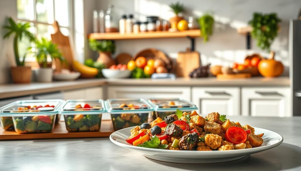 A delightful, nutritious meal prepared with care, showcased in a bright, airy kitchen bathed in warm, natural light from large windows. In the foreground, a colorful and balanced plate features a hearty serving of roasted vegetables, a lean protein, and a wholesome grain. Vibrant colors, clean plating, and a tempting presentation evoke a sense of effortless, healthy elegance. The middle ground features neatly organized meal prep containers, filled with similar nutritious components, ready to grab and go. In the background, shelves brim with fresh produce, spices, and other wholesome ingredients, creating an atmosphere of culinary abundance and wellness.
