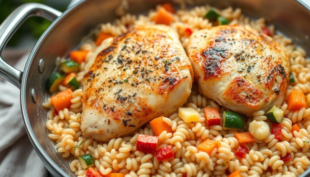 A delightful one-pot meal of tender, pan-seared chicken breasts nestled atop a bed of fluffy, whole-grain orzo. The chicken is seasoned with fragrant herbs and spices, lending a mouthwatering aroma. Vibrant vegetables, such as diced carrots, zucchini, and bell peppers, add a pop of color and a satisfying crunch. The creamy, lightly-seasoned sauce binds the dish together, creating a harmonious balance of flavors. The scene is captured under soft, natural lighting, conveying a cozy, comforting atmosphere. The overall presentation is simple yet elegant, showcasing the healthy and wholesome nature of this nourishing chicken and orzo dish. A delightful one-pot meal of tender, pan-seared chicken breasts nestled atop a bed of fluffy, whole-grain orzo. The chicken is seasoned with fragrant herbs and spices, lending a mouthwatering aroma. Vibrant vegetables, such as diced carrots, zucchini, and bell peppers, add a pop of color and a satisfying crunch. The creamy, lightly-seasoned sauce binds the dish together, creating a harmonious balance of flavors. The scene is captured under soft, natural lighting, conveying a cozy, comforting atmosphere. The overall presentation is simple yet elegant, showcasing the healthy and wholesome nature of this nourishing chicken and orzo dish.