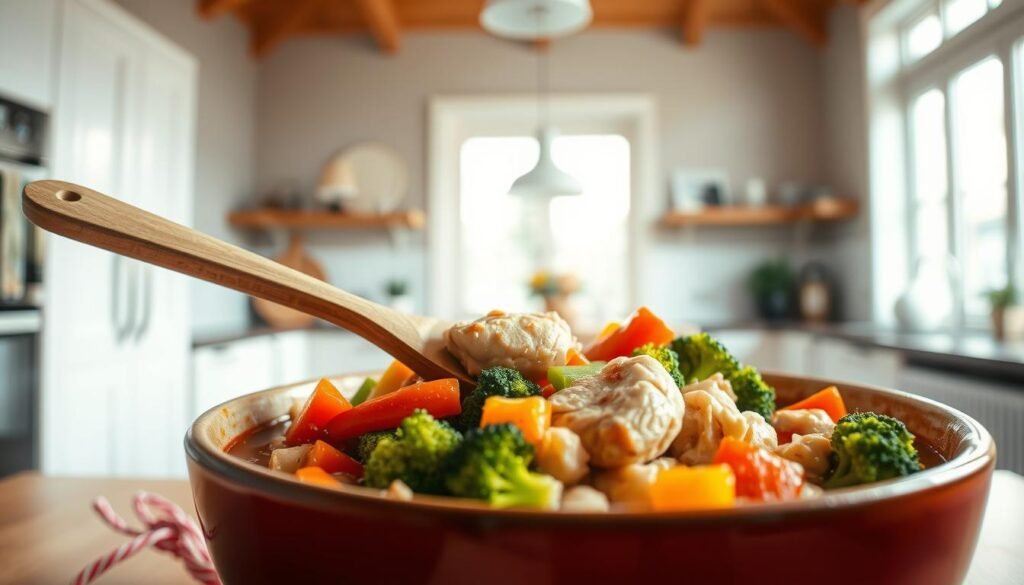 A delightful, vibrant scene of a healthy one-pot meal, perfect for kids. In the foreground, a large ceramic bowl filled with a colorful assortment of nutritious ingredients - tender chicken, fresh vegetables like broccoli, carrots, and bell peppers, all simmered in a savory, lightly seasoned broth. The middle ground showcases a wooden spoon dipping into the bowl, ready to scoop up a hearty portion. In the background, a clean, minimalist kitchen setting, with natural light streaming in through large windows, creating a warm, inviting atmosphere. The lighting is soft and diffused, highlighting the meal's vibrant colors and textures. The overall mood is one of simple, wholesome goodness, making this the ideal kid-friendly, healthy one-pot dinner.