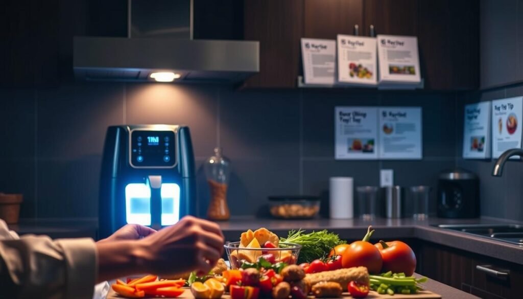 A dimly lit kitchen interior, with a sleek Ninja Air Fryer prominently positioned on the countertop. The appliance emits a soft glow, casting a warm, inviting light across the scene. In the foreground, a skilled chef's hands delicately manipulate various cooking utensils, showcasing precise techniques for air frying. The middle ground features a selection of fresh, high-quality ingredients, neatly arranged and ready for transformation. In the background, a series of informative recipe cards and helpful tips are displayed on the kitchen wall, providing a visual guide to mastering the Ninja Air Fryer. The overall atmosphere conveys a sense of culinary expertise, efficiency, and the joy of home-cooked meals.
