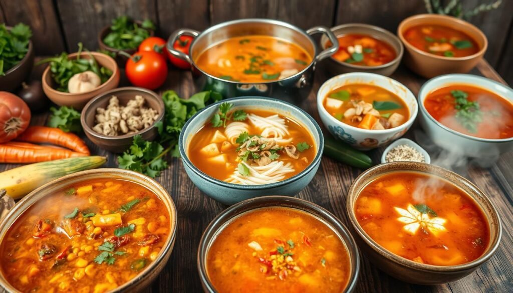 A diverse array of international one-pot soups simmers on a rustic wooden table, surrounded by vibrant vegetables, aromatic herbs, and diverse spices. The foreground features a steaming bowl of hearty, fragrant curry-infused lentil soup, complemented by a bowl of piping hot, tomato-based gazpacho. In the middle ground, a simmering pot of Vietnamese pho broth is paired with delicate rice noodles and fresh garnishes. The background showcases a rich, creamy chicken tortilla soup and a comforting, tomato-based minestrone. Soft, diffused lighting creates a cozy, inviting atmosphere, capturing the warmth and comfort of these global one-pot soup inspirations.