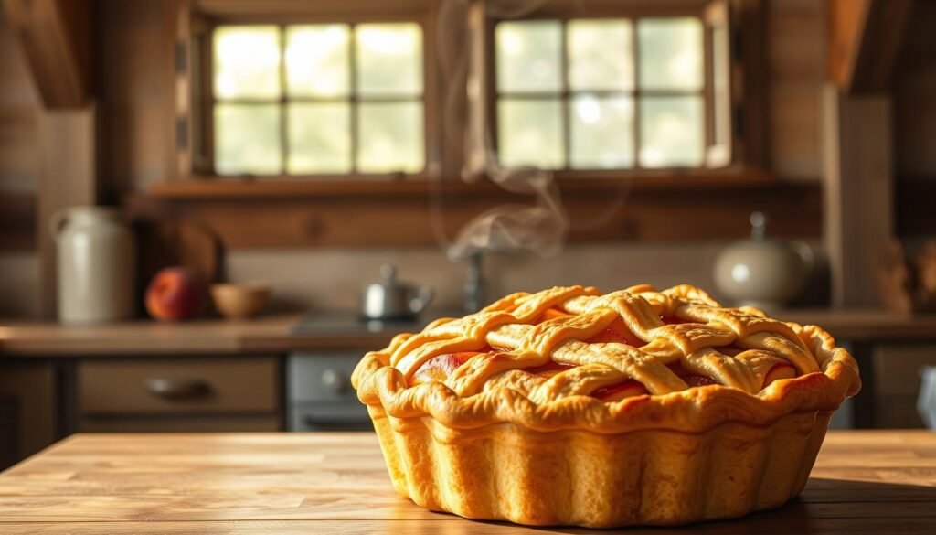 A golden-crusted peach pie, its lattice top glistening in the warm afternoon light, sits atop a wooden table. Juicy peach slices, imbued with hints of cinnamon and brown sugar, peek through the delicate pastry. Wisps of steam rise, carrying the irresistible aroma of baked fruit and buttery crust. In the background, a rustic kitchen backdrop with exposed beams and a vintage farmhouse-style window frames the scene, evoking a sense of timeless elegance. The lighting is soft and diffused, casting a cozy, inviting glow on the delectable dessert. The composition is balanced, with the pie positioned prominently in the center, beckoning the viewer to take a slice and savor the essence of a perfect summer peach pie. A golden-crusted peach pie, its lattice top glistening in the warm afternoon light, sits atop a wooden table. Juicy peach slices, imbued with hints of cinnamon and brown sugar, peek through the delicate pastry. Wisps of steam rise, carrying the irresistible aroma of baked fruit and buttery crust. In the background, a rustic kitchen backdrop with exposed beams and a vintage farmhouse-style window frames the scene, evoking a sense of timeless elegance. The lighting is soft and diffused, casting a cozy, inviting glow on the delectable dessert. The composition is balanced, with the pie positioned prominently in the center, beckoning the viewer to take a slice and savor the essence of a perfect summer peach pie.