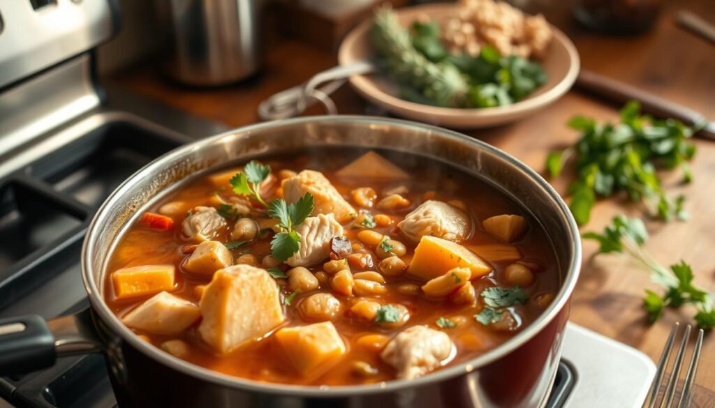A hearty, protein-packed one pot soup simmers on the stove, steam rising in delicate wisps. In the foreground, chunky root vegetables, tender chicken, and protein-rich beans mingle in a rich, savory broth. The middle ground features a variety of fresh herbs, adding depth of flavor and a vibrant pop of color. In the background, a rustic wooden table is set, evoking a cozy, homemade atmosphere. The lighting is warm and natural, casting a golden glow over the scene. The overall mood is nourishing, comforting, and satisfying - a perfect representation of a protein-packed one pot soup that will warm the soul on a chilly day.