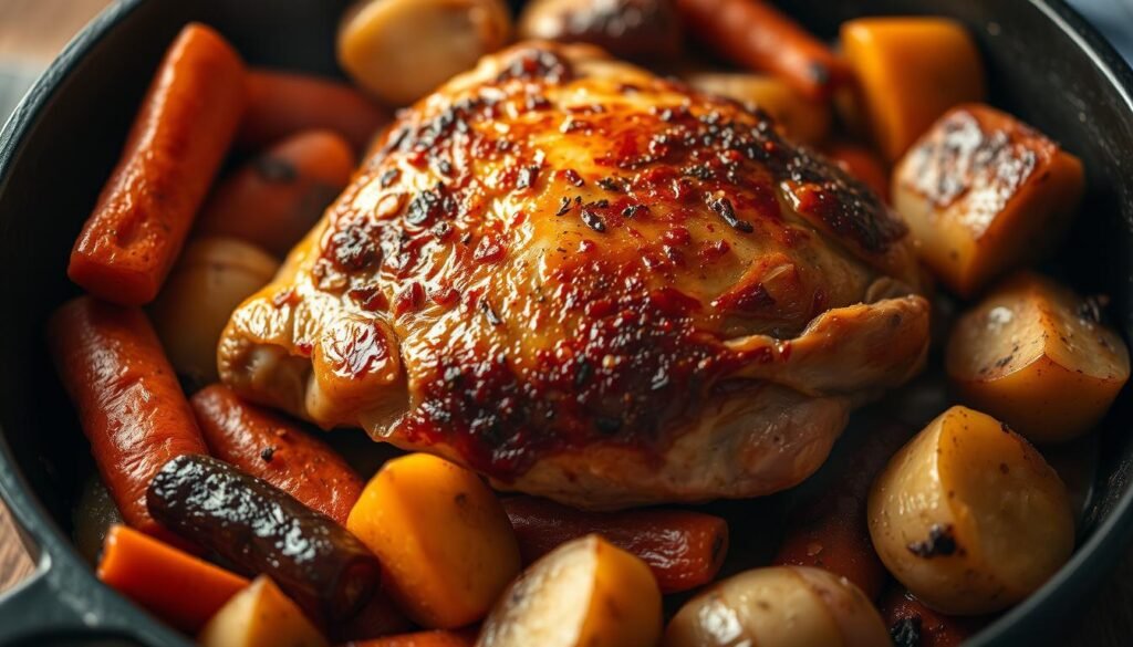 A juicy, crispy-skinned chicken thigh sizzling in a cast-iron skillet, nestled among a medley of roasted vegetables - carrots, onions, and potatoes. Warm, earthy tones bathe the scene, with soft, diffused lighting casting gentle shadows. The thigh's golden-brown crust glistens, inviting a satisfying bite. Subtle hints of herbs and spices permeate the air, promising bold, comforting flavors. The overall composition exudes a rustic, homey atmosphere, capturing the essence of a one-pot, hassle-free chicken thigh dish that delivers maximum taste and texture.