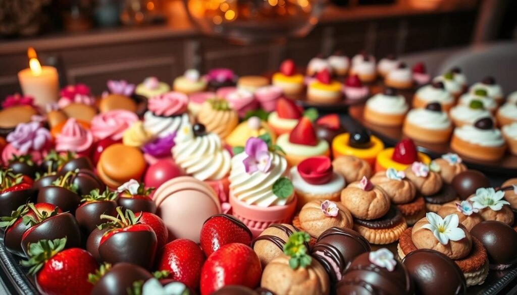 A lavish dessert platter overflows with an array of decadent treats, illuminated by soft, warm lighting. In the foreground, artfully arranged chocolate-dipped strawberries, glossy macarons, and flaky pastries beckon. The middle ground showcases a variety of colorful mini cakes, each adorned with intricate piping and delicate edible flowers. In the background, a selection of glistening fruit tarts and creamy cheesecake bites complete the indulgent spread. The overall atmosphere is one of elegance and celebration, inviting guests to indulge in the ultimate party dessert experience. A lavish dessert platter overflows with an array of decadent treats, illuminated by soft, warm lighting. In the foreground, artfully arranged chocolate-dipped strawberries, glossy macarons, and flaky pastries beckon. The middle ground showcases a variety of colorful mini cakes, each adorned with intricate piping and delicate edible flowers. In the background, a selection of glistening fruit tarts and creamy cheesecake bites complete the indulgent spread. The overall atmosphere is one of elegance and celebration, inviting guests to indulge in the ultimate party dessert experience.