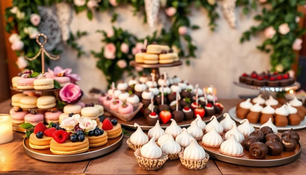 A lavish wedding dessert platter arranged on a rustic wooden table, illuminated by warm, soft lighting. In the foreground, an artful display of delicate macarons in pastel hues, glistening tarts with fresh berries, and bite-sized cakes adorned with edible flowers. The middle ground features a cascading array of chocolate-dipped strawberries, lush meringue kisses, and decadent truffles. In the background, a backdrop of greenery and delicate lace accents creates a romantic, elegant atmosphere, evoking the essence of a dreamy wedding celebration. A lavish wedding dessert platter arranged on a rustic wooden table, illuminated by warm, soft lighting. In the foreground, an artful display of delicate macarons in pastel hues, glistening tarts with fresh berries, and bite-sized cakes adorned with edible flowers. The middle ground features a cascading array of chocolate-dipped strawberries, lush meringue kisses, and decadent truffles. In the background, a backdrop of greenery and delicate lace accents creates a romantic, elegant atmosphere, evoking the essence of a dreamy wedding celebration.