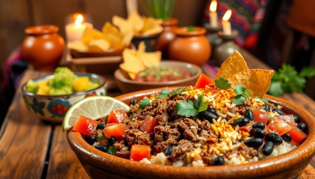 A lively Mexican fiesta scene, a one-pot burrito bowl brimming with vibrant colors and authentic flavors. In the foreground, a rustic ceramic bowl overflows with tender seasoned beef, fluffy rice, black beans, diced tomatoes, and shredded cheese. Garnished with fresh cilantro, tangy lime wedges, and a sprinkle of spicy chili powder. The middle ground features a hand-painted ceramic plate piled high with crisp tortilla chips, guacamole, and a zesty salsa. In the background, a distressed wooden table is set with a vibrant serape, terracotta pottery, and flickering candles, evoking the warmth and festivity of a cozy Mexican cantina. Warm lighting casts a golden glow, creating an inviting, mouthwatering scene. A lively Mexican fiesta scene, a one-pot burrito bowl brimming with vibrant colors and authentic flavors. In the foreground, a rustic ceramic bowl overflows with tender seasoned beef, fluffy rice, black beans, diced tomatoes, and shredded cheese. Garnished with fresh cilantro, tangy lime wedges, and a sprinkle of spicy chili powder. The middle ground features a hand-painted ceramic plate piled high with crisp tortilla chips, guacamole, and a zesty salsa. In the background, a distressed wooden table is set with a vibrant serape, terracotta pottery, and flickering candles, evoking the warmth and festivity of a cozy Mexican cantina. Warm lighting casts a golden glow, creating an inviting, mouthwatering scene.