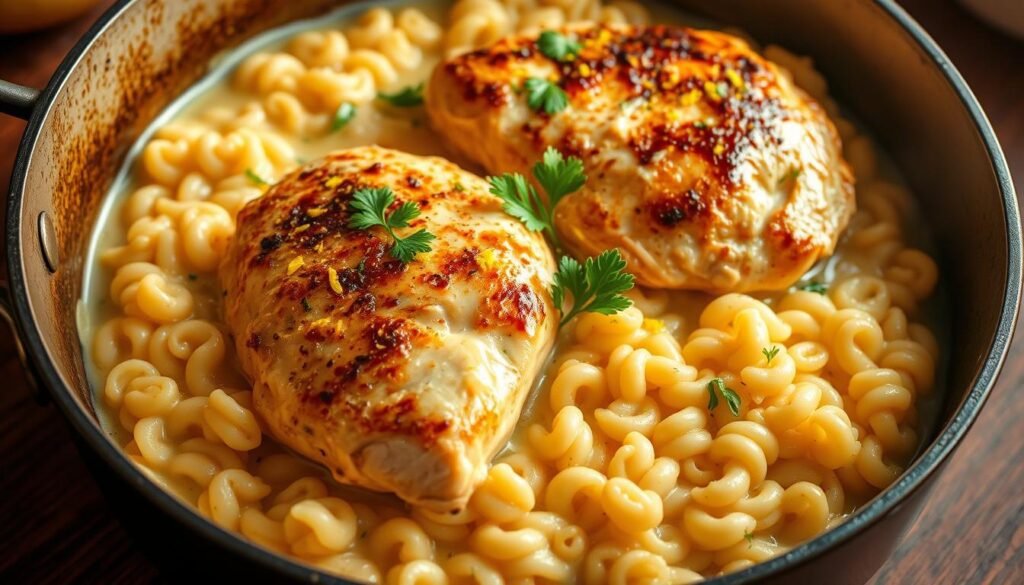 A luscious dish of tender chicken breasts simmered in a vibrant, creamy lemon sauce, nestled atop a bed of perfectly al dente orzo pasta. The chicken is lightly browned, infusing the dish with rich, savory notes, while the orzo soaks up the tangy, lemony goodness. The scene is bathed in warm, golden light, casting a cozy, inviting atmosphere. Garnished with fresh parsley and a sprinkle of lemon zest, the image exudes comfort and homemade flavor, capturing the essence of a classic one-pot chicken and orzo dish. A luscious dish of tender chicken breasts simmered in a vibrant, creamy lemon sauce, nestled atop a bed of perfectly al dente orzo pasta. The chicken is lightly browned, infusing the dish with rich, savory notes, while the orzo soaks up the tangy, lemony goodness. The scene is bathed in warm, golden light, casting a cozy, inviting atmosphere. Garnished with fresh parsley and a sprinkle of lemon zest, the image exudes comfort and homemade flavor, capturing the essence of a classic one-pot chicken and orzo dish.