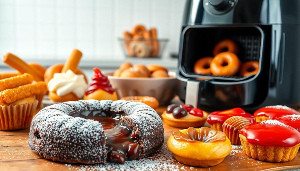 A lush, brightly lit close-up of various mouthwatering air fryer desserts arranged artfully on a rustic wooden table. In the foreground, a decadent chocolate lava cake with a molten center, crispy golden edges, and a dusting of powdered sugar. Surrounding it, delicate air-fried churro bites, flaky apple hand pies, and bite-sized fruit tarts with glistening glazed tops. In the middle ground, a steaming air fryer filled with sizzling cinnamon sugar donuts, their aroma wafting through the scene. The background features a clean, minimalist kitchen backdrop, letting the vibrant desserts take center stage and capturing the spirit of "Creative Air Fryer Dessert Innovations".