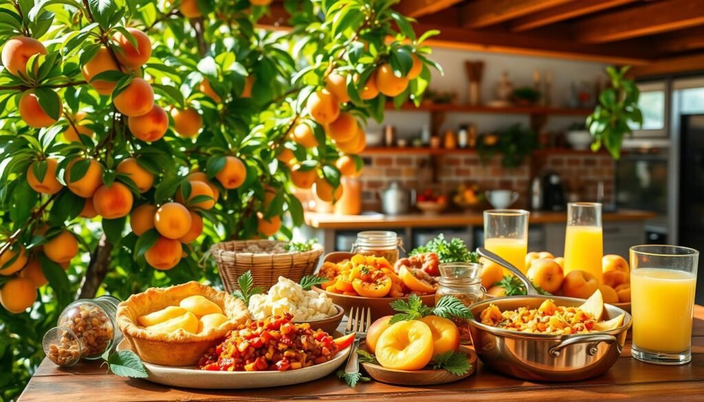A lush, sun-dappled orchard with ripe, golden peaches nestled among their verdant leaves. In the foreground, a bountiful assortment of international peach dishes - from a delicate peach tart with a flaky crust, to a zesty peach salsa with vibrant spices, to a fragrant peach chutney simmering in a copper pan. The middle ground features a diverse array of peach-based sweets, savories, and beverages, each showcasing the versatility of this juicy, succulent fruit. In the background, a warm, rustic kitchen scene with wooden beams, terracotta tiles, and the soft glow of natural light, creating an inviting, homey atmosphere. The overall mood is one of culinary exploration, global inspiration, and the celebration of fresh, seasonal produce.