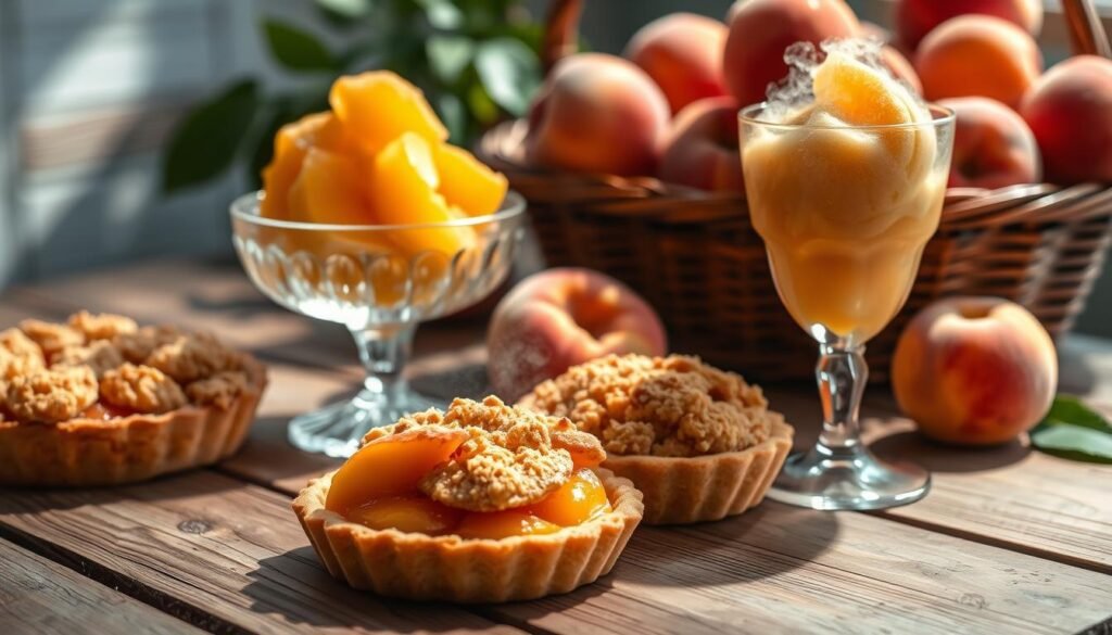 A lush, sun-dappled tableau of fresh peach desserts arranged on a rustic wooden table. In the foreground, a delicate peach tart with a flaky crust and glistening fruit, alongside a towering peach cobbler crowned with golden-brown crumble topping. In the middle ground, a refreshing peach sorbet in a crystal glass, its vibrant orange hue and wisps of steam creating a sense of coolness. In the background, a basket overflowing with ripe, fuzzy peaches, their warm hues complemented by the soft, diffused lighting. The overall scene evokes the essence of summer, inviting the viewer to indulge in the mouthwatering bounty of nature's sweetest stone fruit.