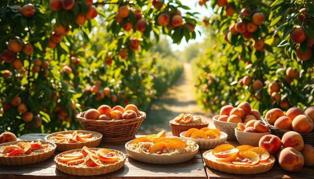 A lush, sun-drenched orchard overflowing with ripe, juicy peaches. In the foreground, a wooden table laden with a bounty of peach-based delights - flaky pies, cobbler bubbling with caramelized fruit, vibrant fruit salads, and delicate tarts adorned with glistening peach slices. Soft, warm lighting casts a golden glow, heightening the sense of seasonal abundance. In the background, verdant trees sway gently, their branches heavy with the season's sweet offerings. The overall atmosphere exudes a sense of rustic, wholesome delight - a celebration of nature's finest and fleeting gifts.