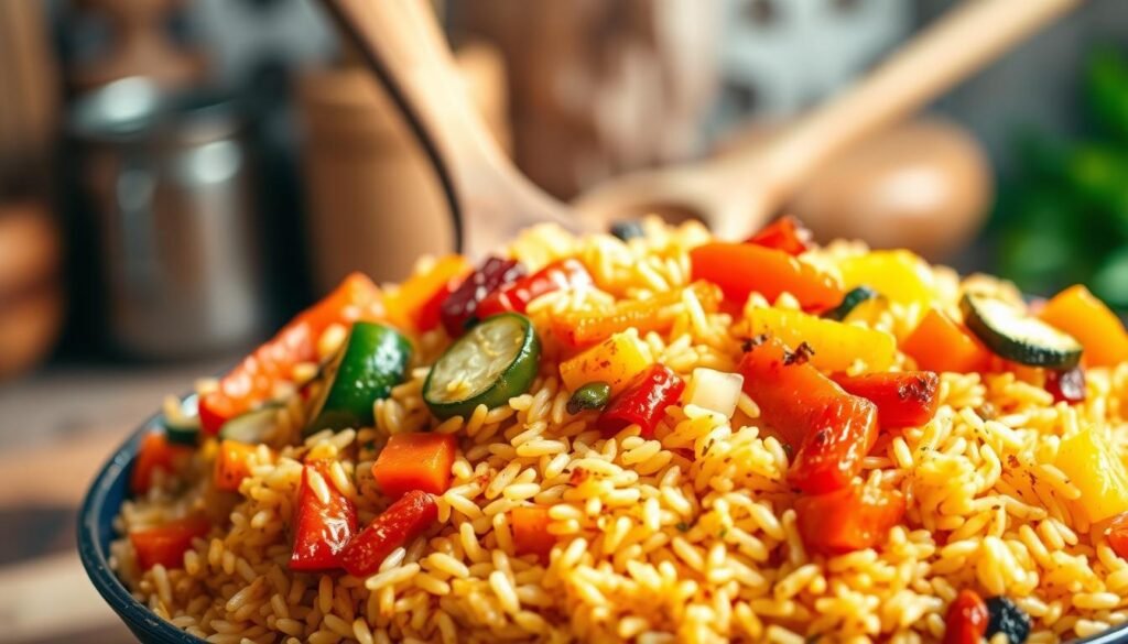 A lush, vibrant vegetarian one pot rice dish, shot in natural lighting with a soft, warm focus. In the foreground, a hearty medley of roasted vegetables - carrots, bell peppers, zucchini, and onions - nestled atop a bed of fluffy, golden-hued basmati rice. The middle ground features a wooden spoon gently stirring the dish, while the background showcases a rustic, minimalist kitchen setting with earthy tones and textures. The overall composition evokes a sense of homemade, wholesome nourishment, perfect for the "Vegetarian One Pot Rice Creations" section of the article.