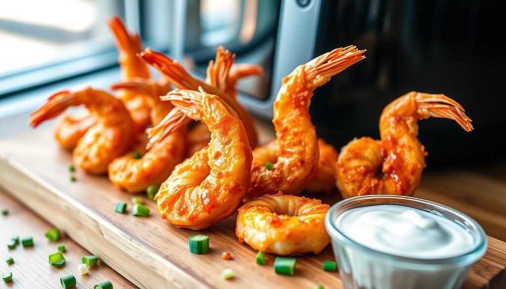 A mouth-watering arrangement of perfectly air-fried shrimp, coated in a tantalizing buffalo sauce, arranged on a rustic wooden board. The shrimp glisten under warm, directional lighting, showcasing their crispy exteriors and juicy, tender interiors. In the foreground, a scattering of chopped green onions and a small ramekin of cool, creamy ranch dressing provide a delightful contrast. The middle ground features the air fryer itself, its sleek, modern design complementing the rustic board. The background is softly blurred, allowing the shrimp to take center stage. An inviting, restaurant-quality presentation that captures the essence of creative air fryer shrimp.
