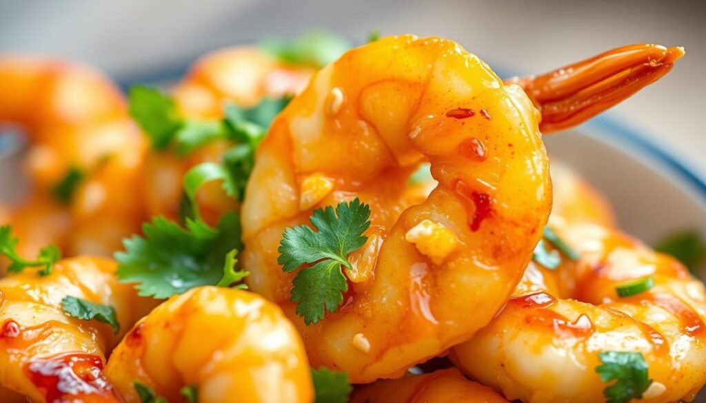 A mouth-watering close-up of crispy, golden-brown air fryer shrimp, freshly plucked from a modern Asian kitchen. The shrimp glisten with a sweet and savory glaze, infused with aromatic ginger, garlic, and chili peppers. Garnished with vibrant cilantro and toasted sesame seeds, the dish exudes an authentic, restaurant-quality presentation. Soft, diffused lighting highlights the intricate textures, while a shallow depth of field draws the viewer's eye to the succulent centerpiece. This image evokes the flavors of the East, promising an adventurous culinary experience for the senses.