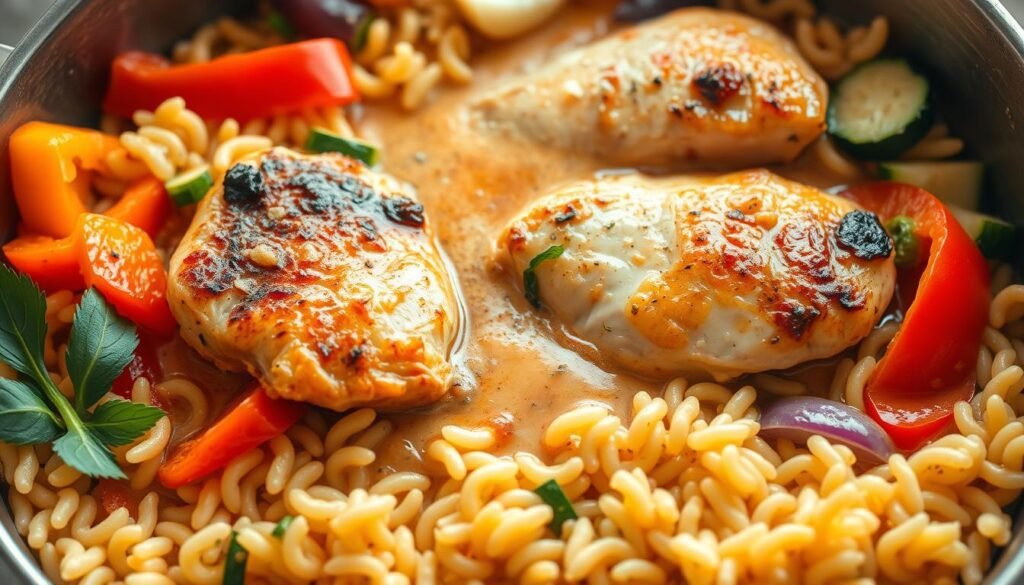 A mouth-watering, healthy orzo pot filled with vibrant vegetables and tender chicken, bathed in a rich, creamy sauce. The orzo pasta, cooked to al dente perfection, forms the foreground, surrounded by a colorful medley of fresh bell peppers, zucchini, and onions. Tender chicken thighs, seared to a golden brown, nestle among the vegetables, adding protein and depth of flavor. The middle ground features a smooth, velvety sauce, infused with garlic, herbs, and a hint of lemon, gently coating the ingredients. Soft, natural lighting casts a warm, inviting glow over the scene, creating a cozy, homemade atmosphere. The background is softly blurred, allowing the delicious, wholesome dish to take center stage. A mouth-watering, healthy orzo pot filled with vibrant vegetables and tender chicken, bathed in a rich, creamy sauce. The orzo pasta, cooked to al dente perfection, forms the foreground, surrounded by a colorful medley of fresh bell peppers, zucchini, and onions. Tender chicken thighs, seared to a golden brown, nestle among the vegetables, adding protein and depth of flavor. The middle ground features a smooth, velvety sauce, infused with garlic, herbs, and a hint of lemon, gently coating the ingredients. Soft, natural lighting casts a warm, inviting glow over the scene, creating a cozy, homemade atmosphere. The background is softly blurred, allowing the delicious, wholesome dish to take center stage.