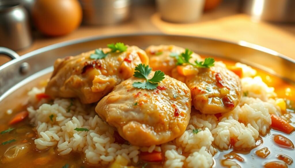 A mouth-watering one-pot chicken and rice dish, bathed in a rich, golden broth. In the foreground, tender chicken thighs nestled atop fluffy, fragrant rice, garnished with fresh parsley. The middle ground reveals sautéed onions, carrots, and celery, infusing the dish with earthy, comforting flavors. In the background, a warm, cozy kitchen setting, with soft natural lighting casting a welcoming glow. The overall scene radiates a sense of homemade satisfaction and the irresistible aroma of a classic, comforting meal.
