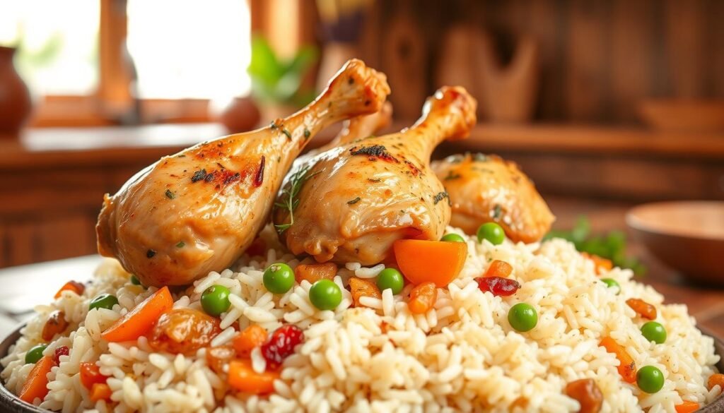 A mouth-watering one-pot chicken and rice dish set against a warm, inviting kitchen backdrop. In the foreground, succulent chicken thighs and drumsticks nestled atop a bed of fluffy, tender white rice, infused with fragrant herbs and spices. The middle ground showcases sautéed onions, carrots, and peas, adding pops of color and nutritional value. In the background, a rustic wooden table, complemented by natural lighting streaming in through a window, creating a cozy, homemade ambiance. The overall scene exudes a sense of wholesome, healthful comfort, perfect for an article highlighting delicious and nourishing one-pot chicken and rice recipes.
