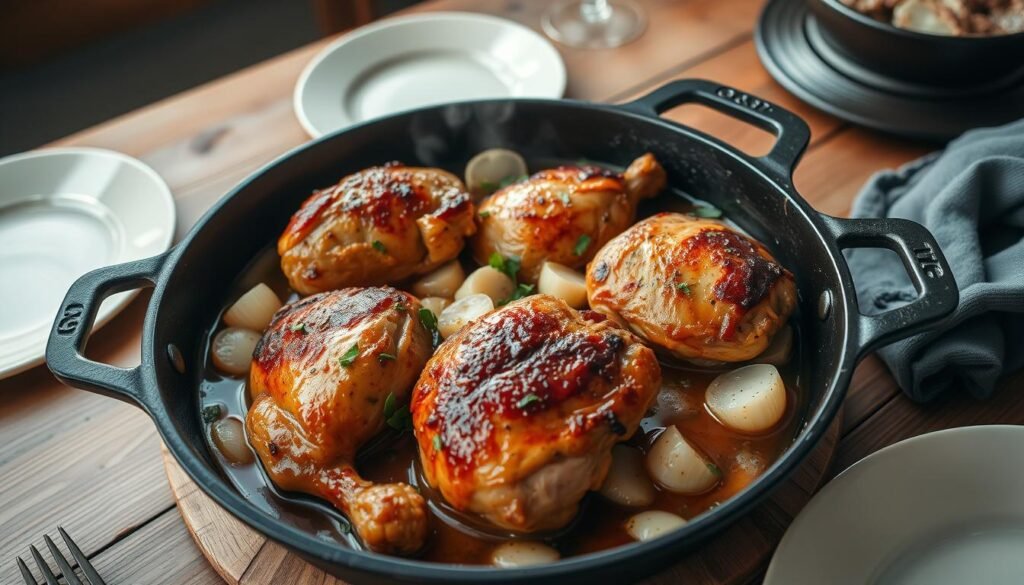A mouth-watering one-pot chicken thigh dish, captured in natural lighting with a warm, rustic atmosphere. The juicy, bone-in thighs sizzle in a cast-iron skillet, their crispy skin glistening. Sliced onions, garlic, and fresh herbs mingle in the savory sauce, creating an irresistible aroma. The scene is framed by a wooden table, with a simple yet elegant table setting, conveying the homemade, comforting nature of the meal. The camera angle is slightly elevated, providing a tempting, up-close view of the flavorful chicken, ready to be enjoyed straight from the pot.