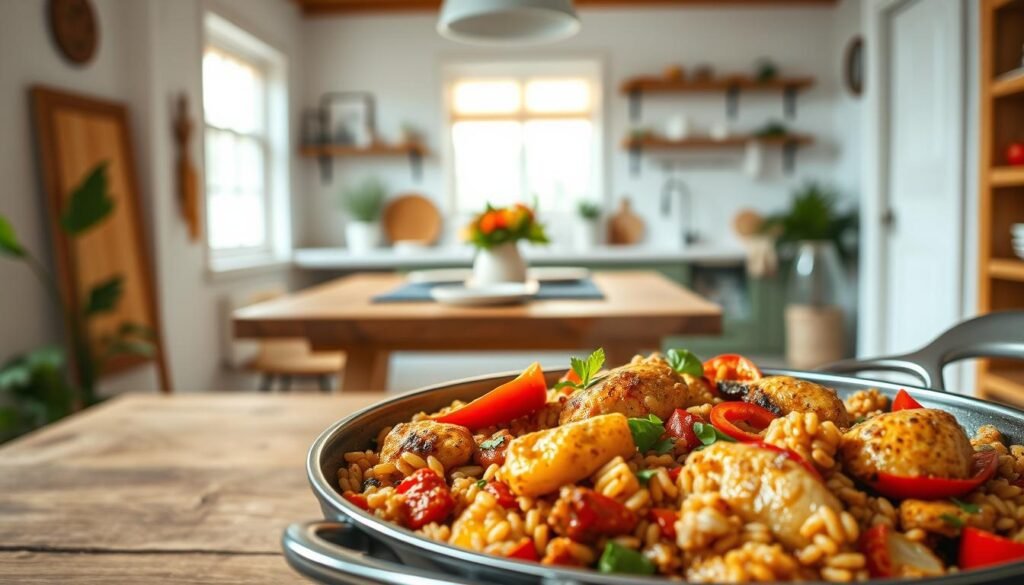 A mouth-watering one-pot meal, bursting with vibrant vegetables and savory protein, basking in warm, natural lighting. In the foreground, a hearty serving of sizzling chicken, bell peppers, and hearty grains. In the middle ground, a rustic wooden table, with a simple yet stylish place setting. The background features a cozy, minimalist kitchen, with clean white walls and natural wood accents, creating a calming, inviting atmosphere. The scene exudes a sense of ease and simplicity, perfectly capturing the essence of a quick, healthy, and delicious 15-minute one-pot dinner.