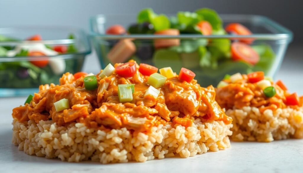 A mouth-watering spread of a buffalo chicken meal prep dish. In the foreground, a bed of fluffy brown rice is topped with juicy, tender shredded chicken in a vibrant orange-red buffalo sauce, garnished with diced celery and carrot sticks. The middle ground features a crisp green salad with mixed greens, cherry tomatoes, and a creamy ranch dressing. In the background, a glass meal prep container showcases the well-balanced, nutrient-dense meal. Soft, natural lighting bathes the scene, highlighting the dish's inviting colors and textures. The overall composition conveys a sense of healthiness, convenience, and culinary delight, perfectly fitting the "Creative Healthy Chicken Prep Ideas" theme.