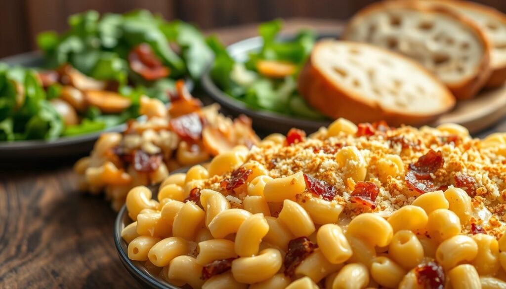 A mouth-watering spread of a delectable one-pot mac and cheese, brimming with irresistible upgrades. In the foreground, a creamy, velvety cheese sauce envelops perfectly cooked elbow macaroni, punctuated by crispy breadcrumbs and grated parmesan. In the middle ground, sautéed onions, garlic, and diced bacon add layers of savory depth. The background features a rustic wooden table, with a vibrant green leafy salad and fresh crusty bread, creating a welcoming, family-friendly atmosphere. Warm, diffused lighting casts a cozy glow, inviting the viewer to dig in and enjoy this comforting, kid-approved one-pot wonder. A mouth-watering spread of a delectable one-pot mac and cheese, brimming with irresistible upgrades. In the foreground, a creamy, velvety cheese sauce envelops perfectly cooked elbow macaroni, punctuated by crispy breadcrumbs and grated parmesan. In the middle ground, sautéed onions, garlic, and diced bacon add layers of savory depth. The background features a rustic wooden table, with a vibrant green leafy salad and fresh crusty bread, creating a welcoming, family-friendly atmosphere. Warm, diffused lighting casts a cozy glow, inviting the viewer to dig in and enjoy this comforting, kid-approved one-pot wonder.