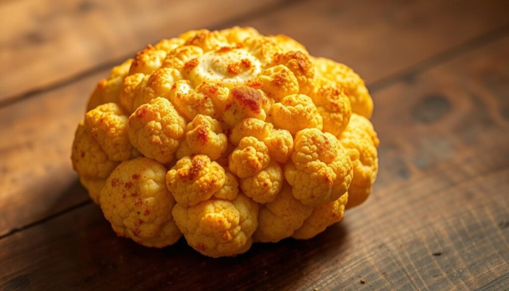 A mouth-watering whole air-fried cauliflower, tender and golden-brown, takes center stage on a rustic wooden table. The florets glisten with a light drizzle of olive oil, while a sprinkle of fragrant spices, such as paprika and garlic powder, lend depth and complexity to the dish. The cauliflower is positioned against a minimalist background, allowing its stunning form and texture to shine. Soft, directional lighting casts warm shadows, accentuating the vegetable's alluring curves and creating an inviting, appetizing atmosphere. The overall scene exudes a sense of culinary sophistication and celebration of the humble cauliflower.