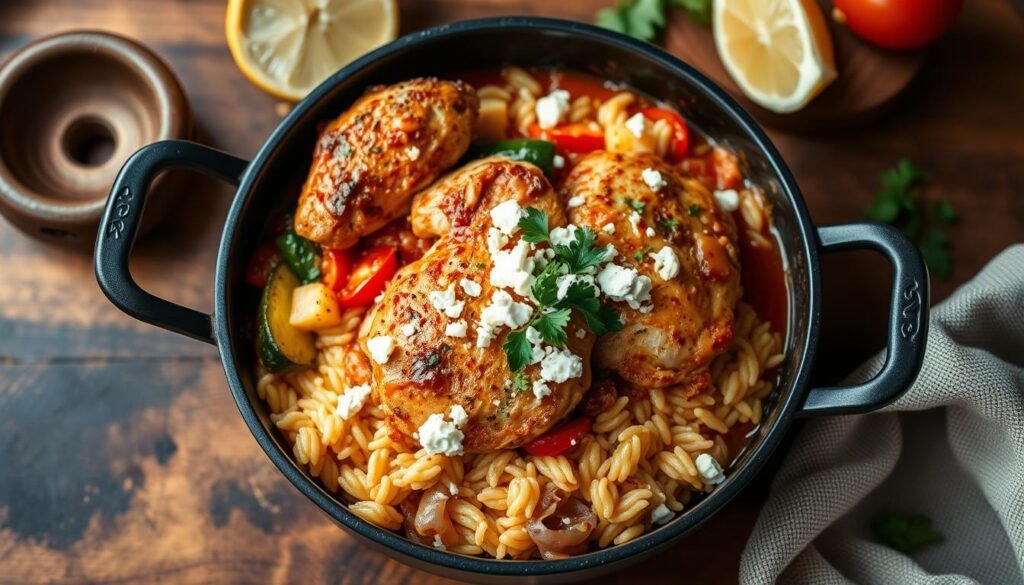 A mouthwatering Greek-inspired chicken and orzo one-pot dish, simmered in a fragrant tomato-based sauce with aromatic herbs, garlic, and a hint of lemon. Tender chicken thighs nestled atop a bed of fluffy orzo pasta, accented by vibrant pops of color from sautéed vegetables like zucchini, bell peppers, and onions. Soft feta cheese crumbles and fresh parsley add a tantalizing finishing touch, creating a visually appealing and comforting meal. Warm, natural lighting bathes the scene, capturing the rich, inviting tones of the dish, with a slightly overhead camera angle to showcase the depth and textures. An intimate, homey atmosphere, perfect for showcasing the international flavors of this one-pot chicken and orzo creation. A mouthwatering Greek-inspired chicken and orzo one-pot dish, simmered in a fragrant tomato-based sauce with aromatic herbs, garlic, and a hint of lemon. Tender chicken thighs nestled atop a bed of fluffy orzo pasta, accented by vibrant pops of color from sautéed vegetables like zucchini, bell peppers, and onions. Soft feta cheese crumbles and fresh parsley add a tantalizing finishing touch, creating a visually appealing and comforting meal. Warm, natural lighting bathes the scene, capturing the rich, inviting tones of the dish, with a slightly overhead camera angle to showcase the depth and textures. An intimate, homey atmosphere, perfect for showcasing the international flavors of this one-pot chicken and orzo creation.