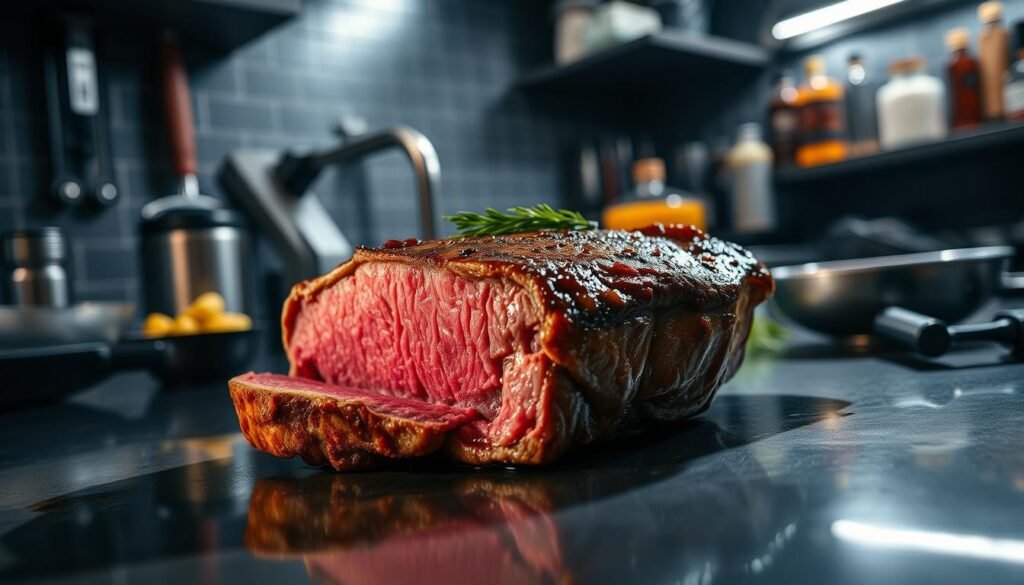 A mouthwatering air-fried steak sizzles on a sleek, modern kitchen counter, surrounded by precision cooking tools and ingredients. Crisp, golden-brown exterior gives way to a tender, juicy pink interior, showcasing the mastery of air fryer steak preparation. Dramatic, moody lighting casts dramatic shadows, highlighting the steak's succulent texture. The scene is shot from a low angle, conveying the power and perfection of this culinary achievement. An atmosphere of scientific rigor and culinary expertise permeates the frame, inviting the viewer to explore the depths of air fryer steak mastery. A mouthwatering air-fried steak sizzles on a sleek, modern kitchen counter, surrounded by precision cooking tools and ingredients. Crisp, golden-brown exterior gives way to a tender, juicy pink interior, showcasing the mastery of air fryer steak preparation. Dramatic, moody lighting casts dramatic shadows, highlighting the steak's succulent texture. The scene is shot from a low angle, conveying the power and perfection of this culinary achievement. An atmosphere of scientific rigor and culinary expertise permeates the frame, inviting the viewer to explore the depths of air fryer steak mastery.