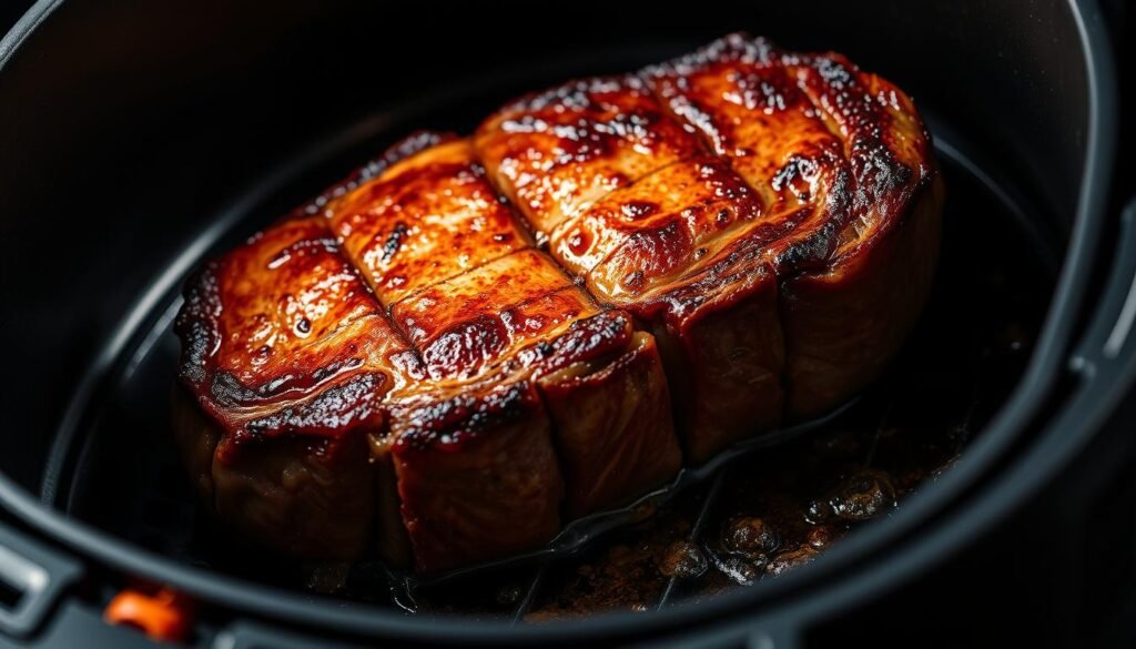 A mouthwatering filet mignon sizzling in a modern air fryer, perfectly seared with a crisp golden-brown crust. The juicy, tender beef is showcased in a close-up shot, with just a hint of the air fryer's sleek stainless steel body visible in the background. Dramatic low-key lighting casts dramatic shadows, accentuating the succulent texture and savory aroma. The scene evokes the ambiance of an upscale steakhouse, elevating this premium cut of meat to restaurant-quality perfection, all achievable within the convenience of a home kitchen. A mouthwatering filet mignon sizzling in a modern air fryer, perfectly seared with a crisp golden-brown crust. The juicy, tender beef is showcased in a close-up shot, with just a hint of the air fryer's sleek stainless steel body visible in the background. Dramatic low-key lighting casts dramatic shadows, accentuating the succulent texture and savory aroma. The scene evokes the ambiance of an upscale steakhouse, elevating this premium cut of meat to restaurant-quality perfection, all achievable within the convenience of a home kitchen.