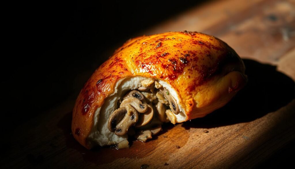 A mouthwatering stuffed air fryer chicken, golden-brown and glistening, rests on a rustic wooden surface. The tender chicken breast is skillfully filled with a savory blend of sautéed mushrooms, garlic, and aromatic herbs, creating a juxtaposition of crispy skin and succulent interior. Dramatic side lighting casts dramatic shadows, accentuating the voluptuous curves and texture of the dish. The scene is bathed in a warm, inviting glow, conveying a sense of culinary mastery and the enticing aroma of a perfectly cooked air fryer creation.