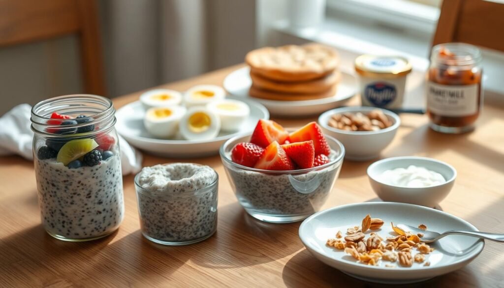 A neatly arranged assortment of wholesome, make-ahead breakfast essentials on a wooden table, bathed in soft, natural lighting. In the foreground, a glass jar filled with overnight oats, topped with fresh berries and a drizzle of honey. Beside it, a bowl of chia pudding garnished with sliced kiwi and toasted coconut flakes. In the middle ground, a plate of hard-boiled eggs and a small jar of homemade granola. In the background, a stack of whole-grain English muffins and a small container of Greek yogurt with a handful of mixed nuts. The scene conveys a sense of simplicity, nutrition, and effortless morning preparation.