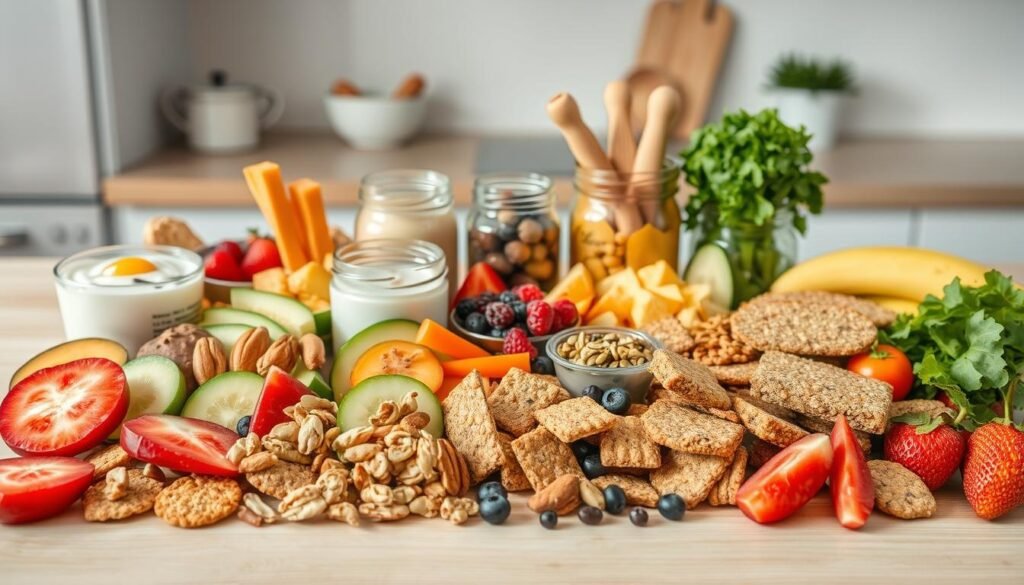 A neatly arranged display of a variety of healthy snack options, shot with a wide-angle lens and evenly lit from above, conveying a sense of freshness and nutritious appeal. In the foreground, an assortment of sliced fruits, vegetables, nuts, and whole-grain crackers or granola bars, artfully positioned on a light-colored wooden surface. The middle ground features glass jars filled with yogurt, hummus, or other nutrient-dense dips, accompanied by small bowls of seeds and dried berries. The background subtly blends a soft, blurred kitchen environment, hinting at the ease of meal prepping these wholesome snacks. The overall mood is one of simplicity, health-consciousness, and the inviting nature of these satisfying, grab-and-go options.