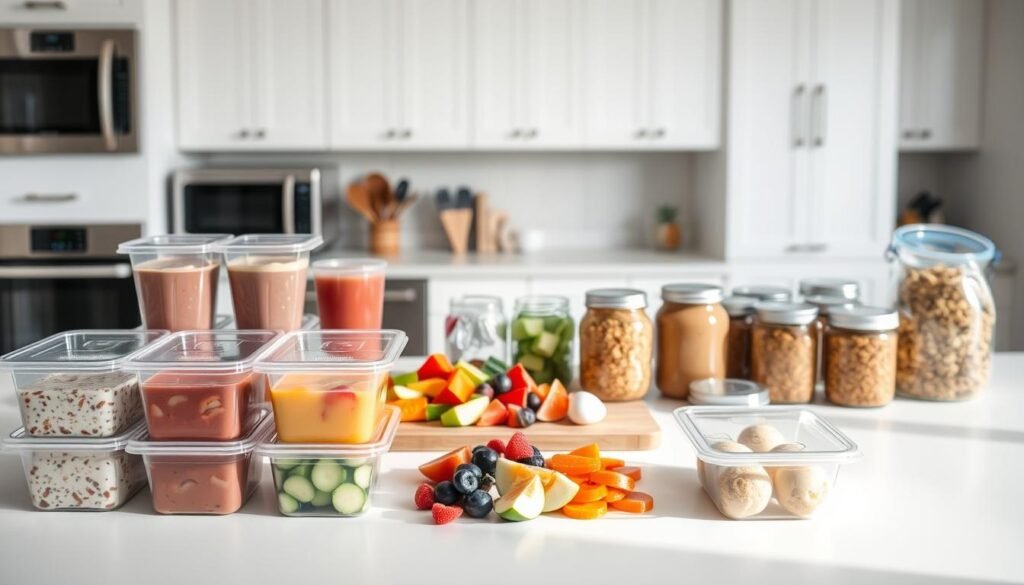 A neatly arranged kitchen counter showcases an assortment of freshly prepared breakfast items ready for freezing. In the foreground, various containers hold portions of overnight oats, smoothie packs, and egg bites. The middle ground features a cutting board with sliced fruits and vegetables, alongside jars of homemade granola and nut butters. The background includes a minimalist, well-lit space with clean white cabinetry and stainless steel appliances, creating a serene, organized atmosphere. The lighting is soft and natural, highlighting the vibrant colors and textures of the healthy, wholesome ingredients. This image conveys the convenience and practicality of meal prepping nutritious breakfast options for the freezer, supporting the "Freezer-Friendly Healthy Breakfast Prep" section of the article.