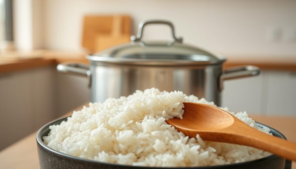 A neatly arranged one-pot rice dish, steaming hot and ready to serve. The rice grains are perfectly cooked, plump and separated, glistening under soft, natural lighting. In the foreground, a wooden spoon rests atop the rice, inviting the viewer to dig in. The middle ground showcases a stainless steel pot with a glass lid, highlighting the simplicity and efficiency of the one-pot cooking method. In the background, a minimalist kitchen setting with clean lines and warm, earthy tones creates a calming, aspirational atmosphere. The overall composition emphasizes the mastery of the one-pot rice technique, showcasing the dish as a delicious and effortless culinary achievement.