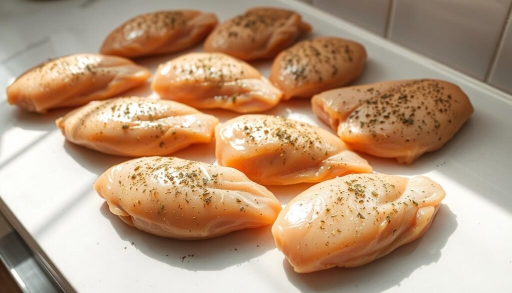 A neatly arranged spread of freshly prepared chicken breasts, seasoned with a blend of aromatic herbs and spices, resting on a clean, minimalist kitchen counter. The chicken pieces are arranged in a visually appealing pattern, showcasing their lean, tender texture and vibrant, golden-brown hue. The lighting is soft and natural, casting gentle shadows that accentuate the succulent, protein-packed nature of the meal-prep staple. The overall atmosphere evokes a sense of culinary proficiency, health-consciousness, and the promise of delicious, nutrient-dense meals to come. A neatly arranged spread of freshly prepared chicken breasts, seasoned with a blend of aromatic herbs and spices, resting on a clean, minimalist kitchen counter. The chicken pieces are arranged in a visually appealing pattern, showcasing their lean, tender texture and vibrant, golden-brown hue. The lighting is soft and natural, casting gentle shadows that accentuate the succulent, protein-packed nature of the meal-prep staple. The overall atmosphere evokes a sense of culinary proficiency, health-consciousness, and the promise of delicious, nutrient-dense meals to come.