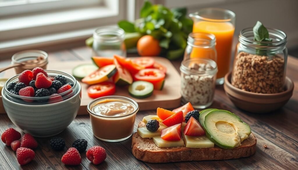 A neatly arranged vignette of healthy breakfast ingredients and preparations on a rustic wooden table. In the foreground, a bowl of fresh berries, a jar of nut butter, and a slice of avocado toast. In the middle ground, a cutting board with sliced cucumbers, tomatoes, and bell peppers, alongside a glass jar filled with overnight oats. The background features a small glass pitcher of freshly squeezed orange juice, a bundle of leafy greens, and a ceramic bowl of whole grain granola. Soft, natural lighting filters in from a window, casting a warm, inviting glow across the scene. The overall mood is simple, wholesome, and effortlessly nutritious.