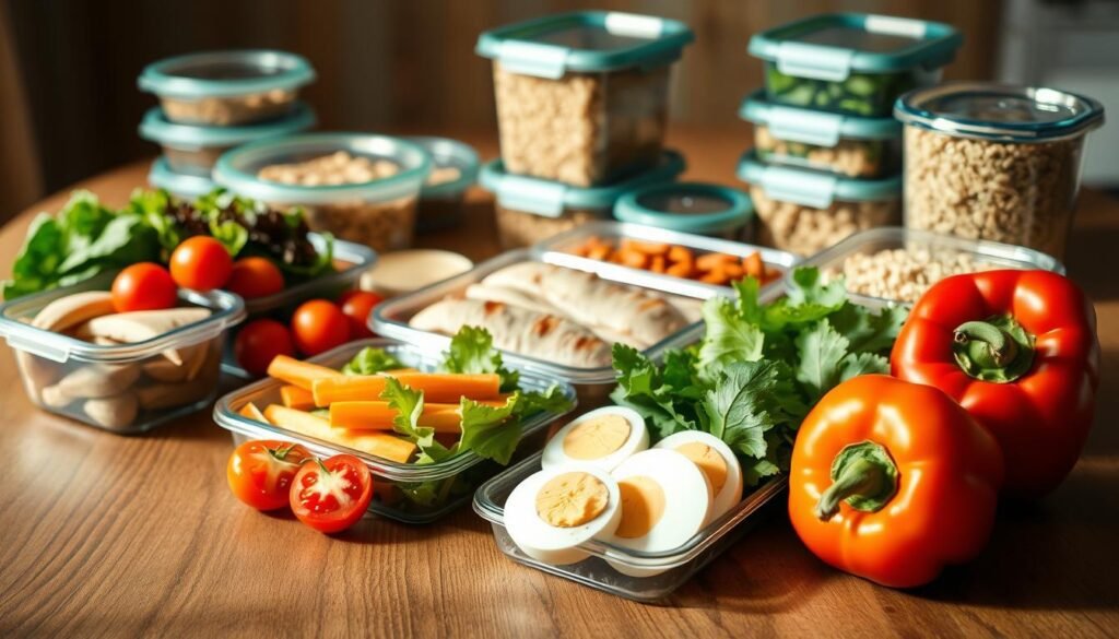 A neatly arranged wooden table showcases a selection of healthy meal prep components. In the foreground, crisp leafy greens, juicy tomatoes, and vibrant bell peppers are carefully placed, exuding freshness. The middle ground features a range of protein sources, such as grilled chicken breasts and hard-boiled eggs, alongside whole grain options like quinoa and brown rice. In the background, glass containers and reusable meal prep containers suggest efficient storage and organization. Warm, natural lighting casts a soft, inviting glow, emphasizing the simplicity and nutritional value of these beginner-friendly meal prep staples.