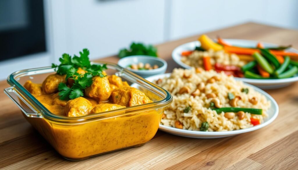A nourishing curry chicken meal prepared for the week, arranged on a wooden table. In the foreground, a glass container holds tender, aromatic chicken bathed in a rich, golden curry sauce. Alongside, fragrant basmati rice and vibrant steamed vegetables create a balanced, nutritious plate. The middle ground showcases a small bowl of fresh cilantro and a sprinkling of toasted cashews, adding texture and flavor. The background features a minimalist, light-filled kitchen setting, hinting at the international, healthy inspiration behind this flavorful meal prep.