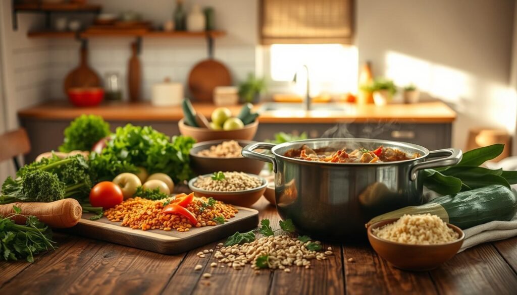 A nourishing one-pot meal arranged on a rustic wooden table, with a warm, inviting atmosphere. In the foreground, a large pot filled with a hearty stew or casserole, its steam gently rising. Surrounding it, an array of fresh vegetables, grains, and herbs, all beautifully presented. The middle ground features a cutting board with chopped ingredients, suggesting the ease of preparation. In the background, a minimalist kitchen setting with natural lighting filtering through a window, casting a soft, cozy glow over the scene. The overall composition conveys the simplicity and healthfulness of a well-crafted one-pot meal-prep recipe.