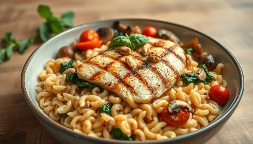 A nourishing one-pot meal featuring plump, al dente orzo pasta simmered in a rich, creamy sauce. In the foreground, the orzo is generously topped with grilled chicken breast, sautéed spinach, and garnished with toasted pine nuts and fresh basil. The middle ground showcases a medley of colorful vegetables - roasted cherry tomatoes, sautéed mushrooms, and caramelized onions - adding depth of flavor. The background is softly lit, with a wooden table surface and a simple, minimalist backdrop, creating a cozy, homemade atmosphere. The overall scene evokes a sense of wholesome, protein-packed comfort food. A nourishing one-pot meal featuring plump, al dente orzo pasta simmered in a rich, creamy sauce. In the foreground, the orzo is generously topped with grilled chicken breast, sautéed spinach, and garnished with toasted pine nuts and fresh basil. The middle ground showcases a medley of colorful vegetables - roasted cherry tomatoes, sautéed mushrooms, and caramelized onions - adding depth of flavor. The background is softly lit, with a wooden table surface and a simple, minimalist backdrop, creating a cozy, homemade atmosphere. The overall scene evokes a sense of wholesome, protein-packed comfort food.