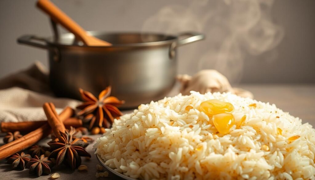 A nourishing one pot rice pilaf, steaming and fragrant, set against a neutral background. In the foreground, a generous portion of the perfectly cooked rice, each grain distinct yet cohesive, dressed with a drizzle of golden olive oil. Surrounding the pilaf, an arrangement of aromatic spices - cinnamon sticks, star anise, cardamom pods - casting warm shadows. In the middle ground, a heavy-bottomed pot with a wooden spoon resting inside, hinting at the care and attention required to craft this simple yet elegant dish. The lighting is soft and diffused, illuminating the natural textures and colors, creating an inviting and comforting atmosphere.