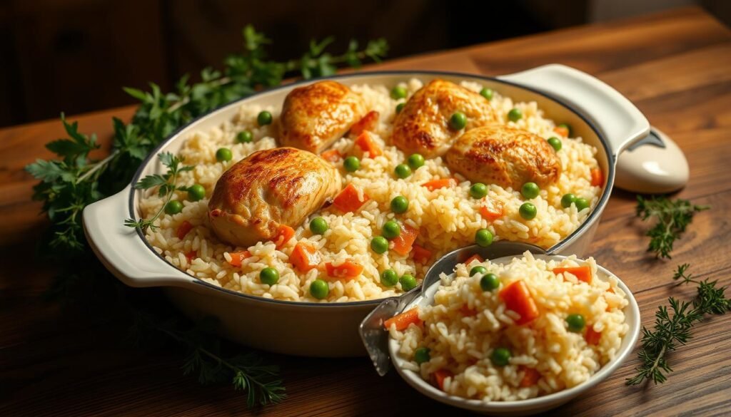 A savory chicken and rice casserole, steaming hot from the oven, sits on a wooden table. The golden-brown chicken pieces are nestled in a bed of fluffy, tender rice, dotted with vibrant peas and carrots. The casserole dish is surrounded by fresh herbs, adding a fragrant touch. Soft, indirect lighting casts a warm glow, highlighting the comforting textures and flavors. A single serving has been plated, ready to be enjoyed as the ultimate one-pot meal. The scene exudes a homey, inviting atmosphere, perfectly capturing the essence of a satisfying chicken and rice dish.
