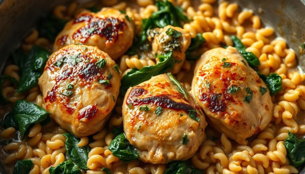 A savory, creamy one-pot dish of plump chicken thighs nestled among vibrant green spinach and tender, chewy orzo pasta. The scene is bathed in warm, soft lighting, casting a cozy, homemade atmosphere. The orzo has a slightly al dente texture, while the chicken is juicy and tender. Flecks of fresh herbs add pops of color and herbal aroma. The overall composition is visually balanced, with the chicken and vegetables arranged harmoniously. This nourishing and comforting meal evokes feelings of satisfaction and wholesome goodness. A savory, creamy one-pot dish of plump chicken thighs nestled among vibrant green spinach and tender, chewy orzo pasta. The scene is bathed in warm, soft lighting, casting a cozy, homemade atmosphere. The orzo has a slightly al dente texture, while the chicken is juicy and tender. Flecks of fresh herbs add pops of color and herbal aroma. The overall composition is visually balanced, with the chicken and vegetables arranged harmoniously. This nourishing and comforting meal evokes feelings of satisfaction and wholesome goodness.