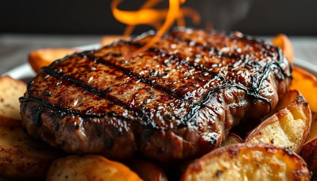 A sizzling air-fried steak seared to perfection, juicy and golden-brown, resting atop a bed of crispy, seasoned air-fried potato wedges. The steak is shot from a low angle, highlighting its succulent texture and the tender pink center. The potatoes are arranged around the steak, their crisp edges and fluffy interiors shining under a warm, diffused lighting. The entire scene is set against a neutral, minimalist background, allowing the delicious components to take center stage. The mood is one of rustic elegance, inviting the viewer to savor this complete, restaurant-worthy steak dinner prepared right at home using the convenience of an air fryer. A sizzling air-fried steak seared to perfection, juicy and golden-brown, resting atop a bed of crispy, seasoned air-fried potato wedges. The steak is shot from a low angle, highlighting its succulent texture and the tender pink center. The potatoes are arranged around the steak, their crisp edges and fluffy interiors shining under a warm, diffused lighting. The entire scene is set against a neutral, minimalist background, allowing the delicious components to take center stage. The mood is one of rustic elegance, inviting the viewer to savor this complete, restaurant-worthy steak dinner prepared right at home using the convenience of an air fryer.