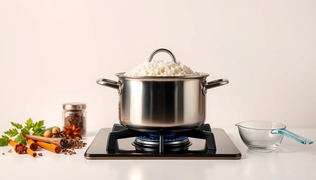 A sleek, minimalist setup showcases the essential elements of one-pot rice cooking. In the foreground, a stainless steel pot sits atop a modern gas stove, its surface gleaming under warm, directional lighting. Beside it, a selection of aromatic spices, fresh herbs, and a measuring cup, conveying the precise techniques needed for perfect rice. In the middle ground, a crisp, white background lends an airy, clean feel, allowing the central cooking process to take center stage. The overall composition exudes a sense of simplicity, efficiency, and culinary mastery - the fundamental pillars of one-pot rice preparation.