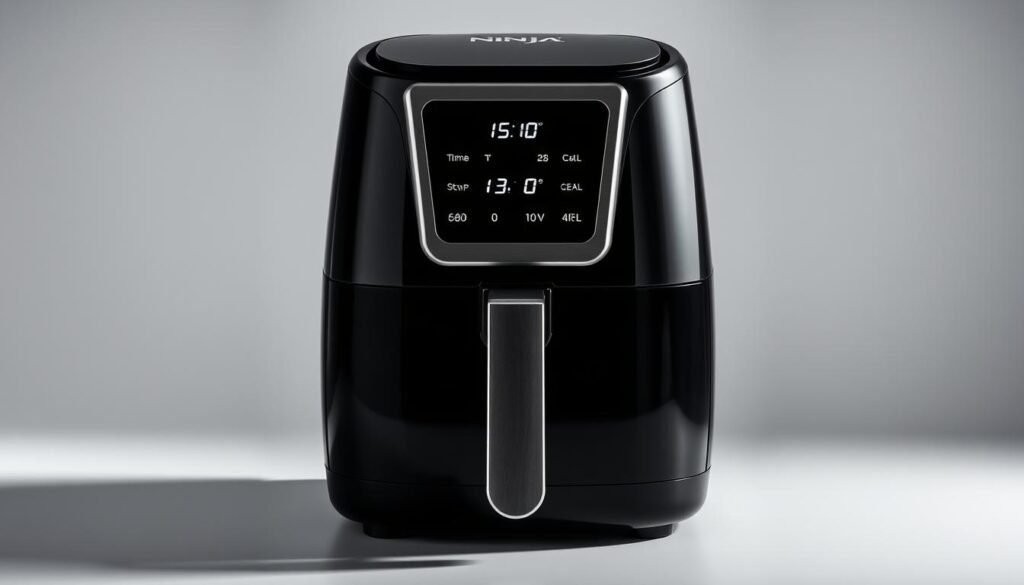 A sleek, modern Ninja air fryer set against a clean, minimalist background. The appliance takes center stage, its glossy black exterior and brushed metal accents gleaming under precise, dramatic lighting. Prominently displayed are the air fryer's key features - adjustable temperature settings, customizable timer, and digital controls - all intuitively arranged for effortless operation. The image conveys a sense of power and precision, showcasing the Ninja's advanced technology and engineering in a visually captivating way. Subtle shadows and reflections add depth and dimension, while the overall composition highlights the air fryer's streamlined, high-performance design.